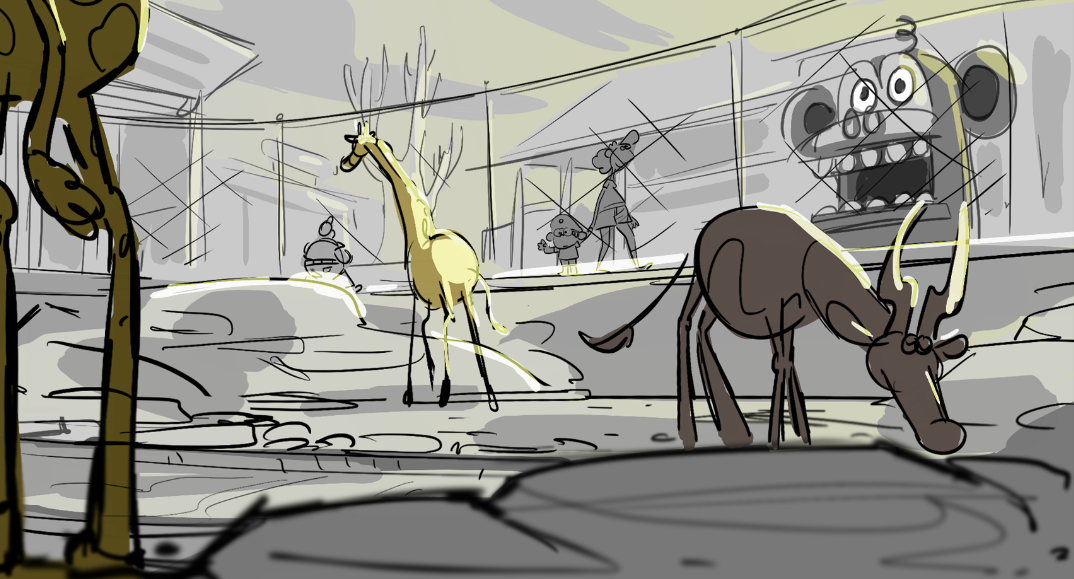 Sketch of a circus scene with animals: a giraffe, a moose, and an elephant, with a person dressed as a clown in the background, and a large animal face mural on the wall.