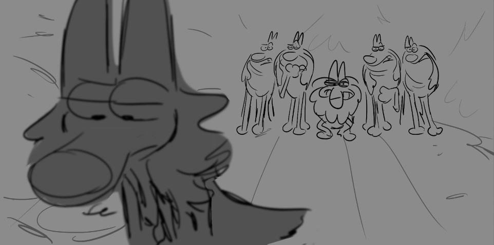 A cartoon scene featuring several anthropomorphic dogs with glasses standing in a line in the background, while a larger, more prominent dog with a humorous expression is in the foreground.