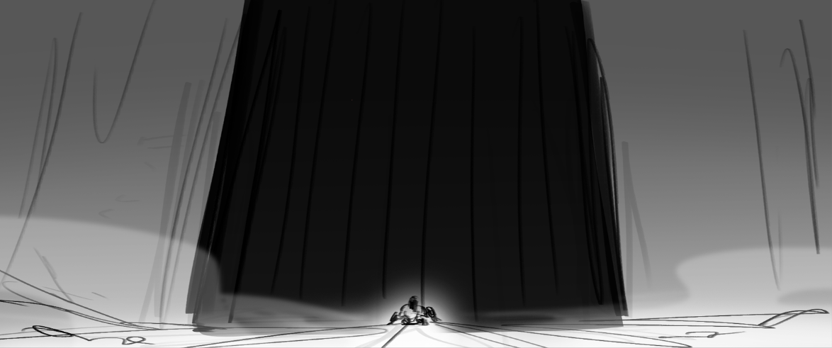 A small figure standing in front of a massive, dark structure resembling a cave or entrance, with lines suggesting a rough, sketch-like art style.