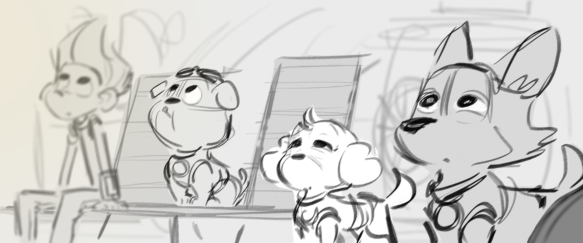 Sketch of four dogs and a child sitting on chairs, looking upward, in a room with a window.