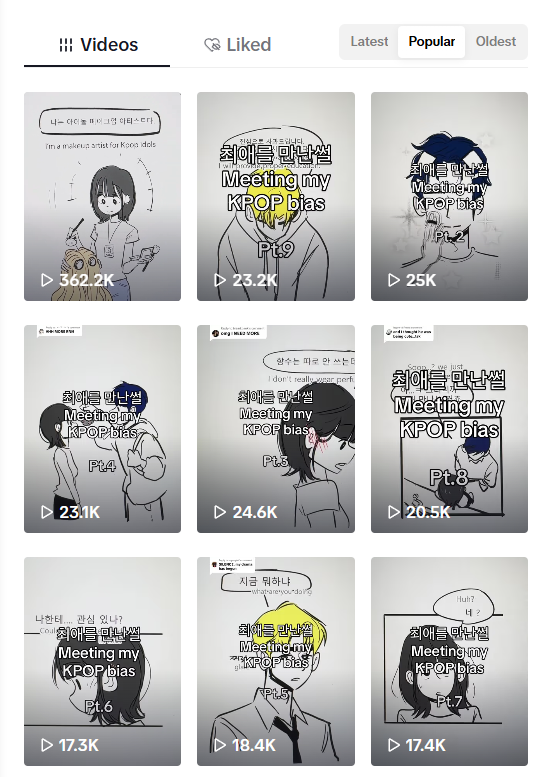 A collection of nine animated sketches of a girl, each with different hair colors and styles, with Korean and English text mentioning meeting a K-pop bias.