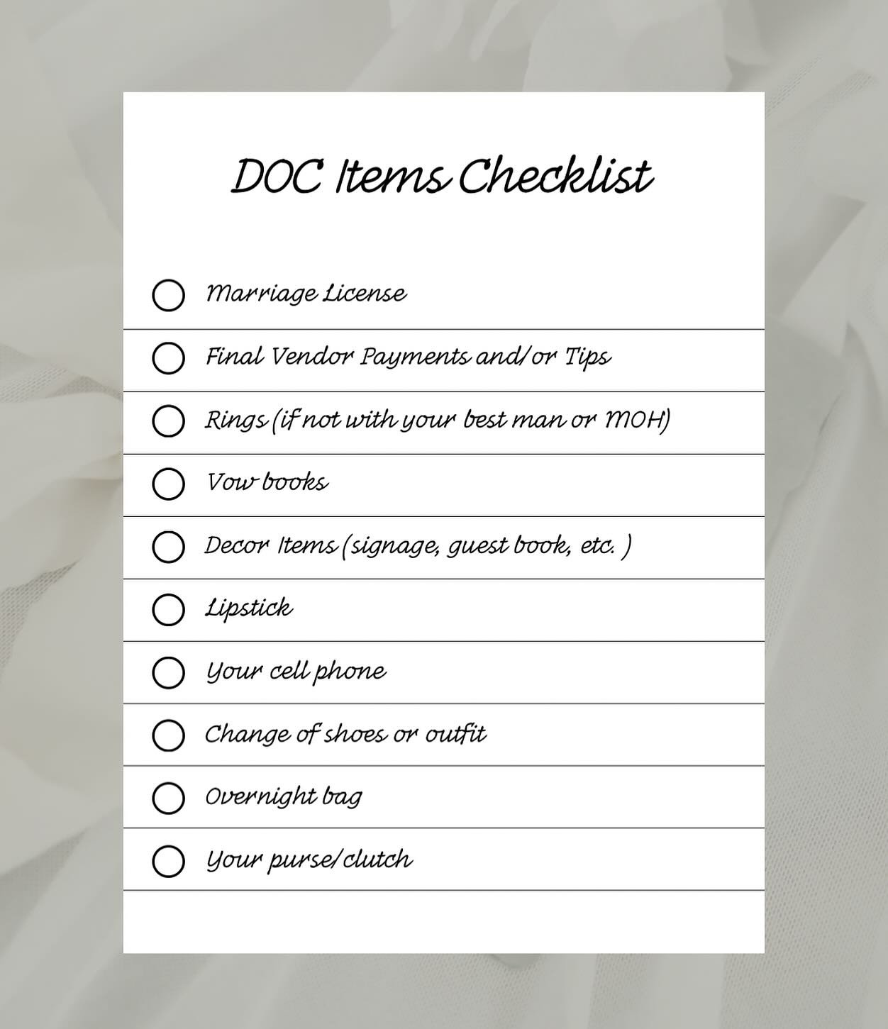 When your big day finally arrives, the last thing you want to stress about is where the marriage license is or who&rsquo;s holding vendor payments. That&rsquo;s where your day-of coordinator (hi, it&rsquo;s me 👋🏼) comes in!

Here&rsquo;s a sample c