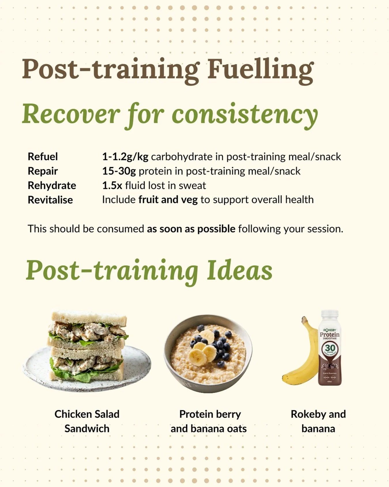If you want to show up tomorrow (and the next week, and the next block, and again and again) feeling strong rather than flat, what you do after your session matters just as much as the session itself.

Post-training fuelling helps you:
✔️ Replenish g