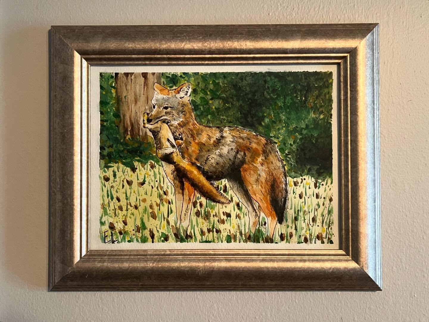 Touched up the edges of this one to make the border a bit more clean. Still available for sale - $120
https://www.ethanlohr.com/shop/p/coyote-eating-squirel-watercolor-painting
