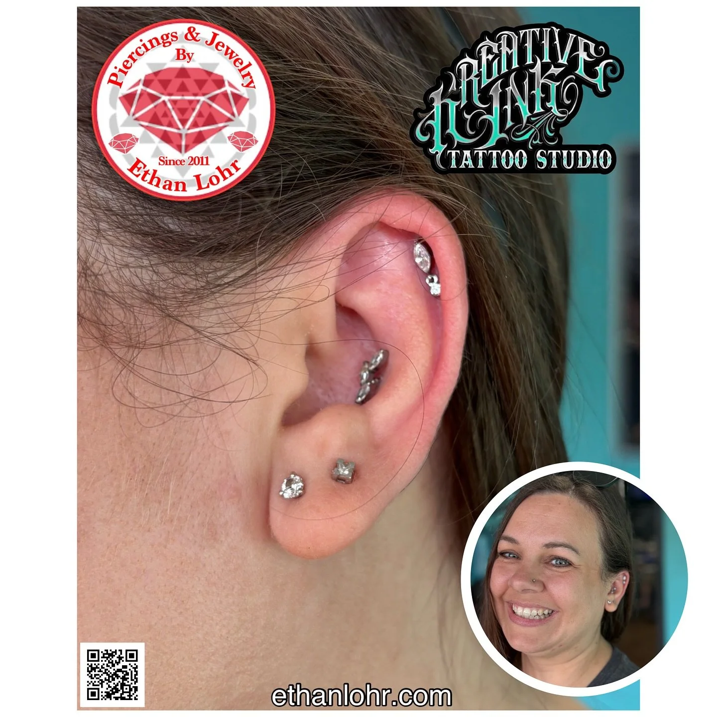 I really like these marquise shaped Cz’s with a princess cut Cz dangle. They add movement and tuck in great to many spots on the ear. Come see me soon for your next piercing.
For piercing info and booking please visit my website —> et