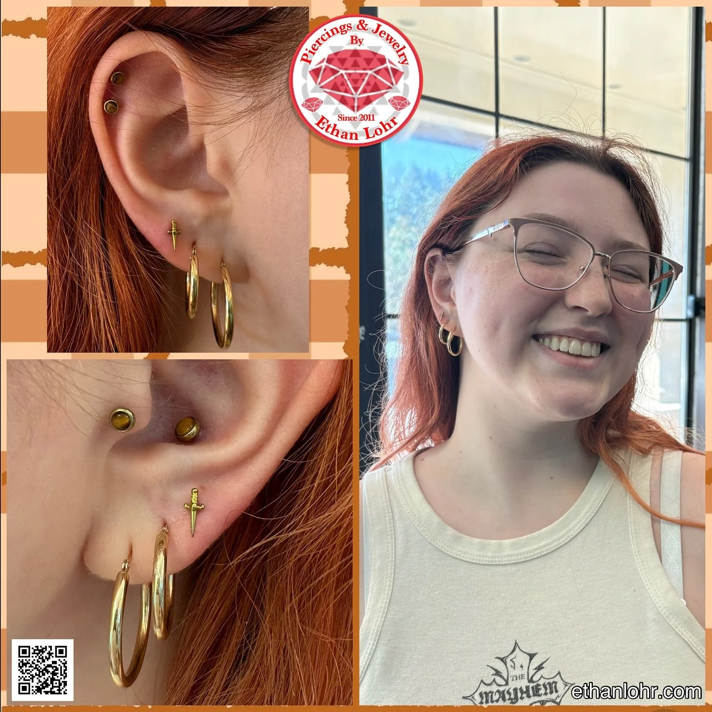 Third lobe piercings done with golden anodized titanium daggers 🤩 
Schedule your next piercing appointment with Acadiana&rsquo;s local piercing artist ⚜️
Https://www.ethanlohr.com/piercing-appointments
