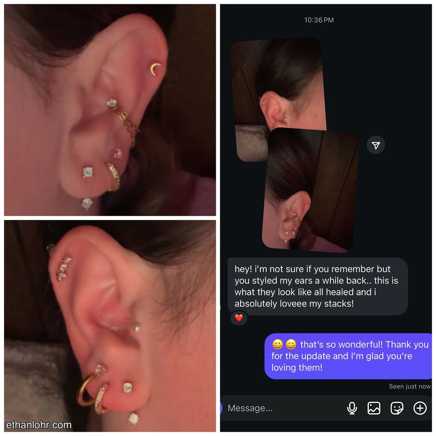 Sometimes when business is slow I get discouraged. Then I randomly receive a message like this and it re-instills in me my why for doing what I do! I truly love being your piercer. 🫶🏻