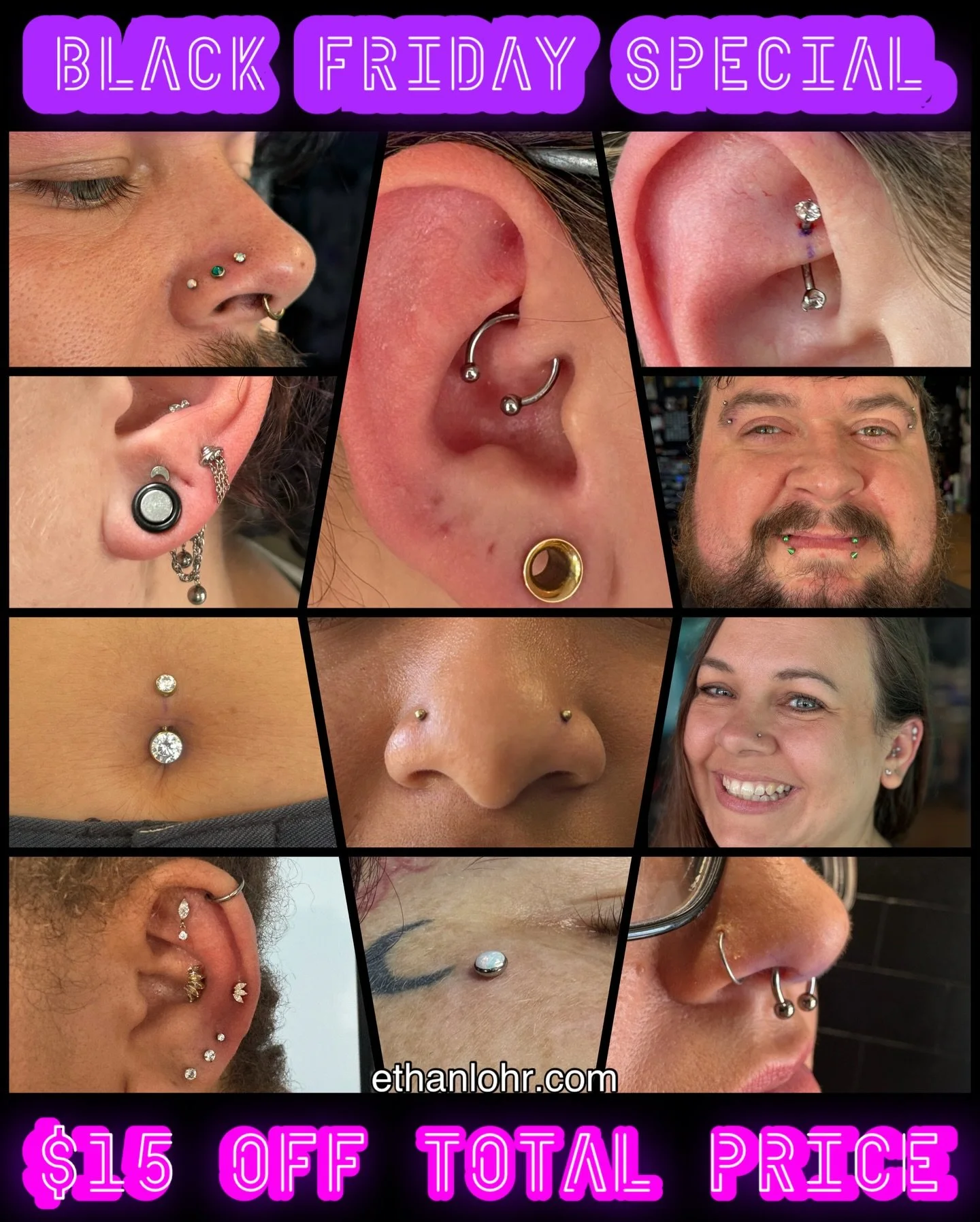 Schedule a piercing appointment now to receive $15 off for my Black Friday discount! Book now ⬇️
Https://www.ethanlohr.com/piercing-appointments