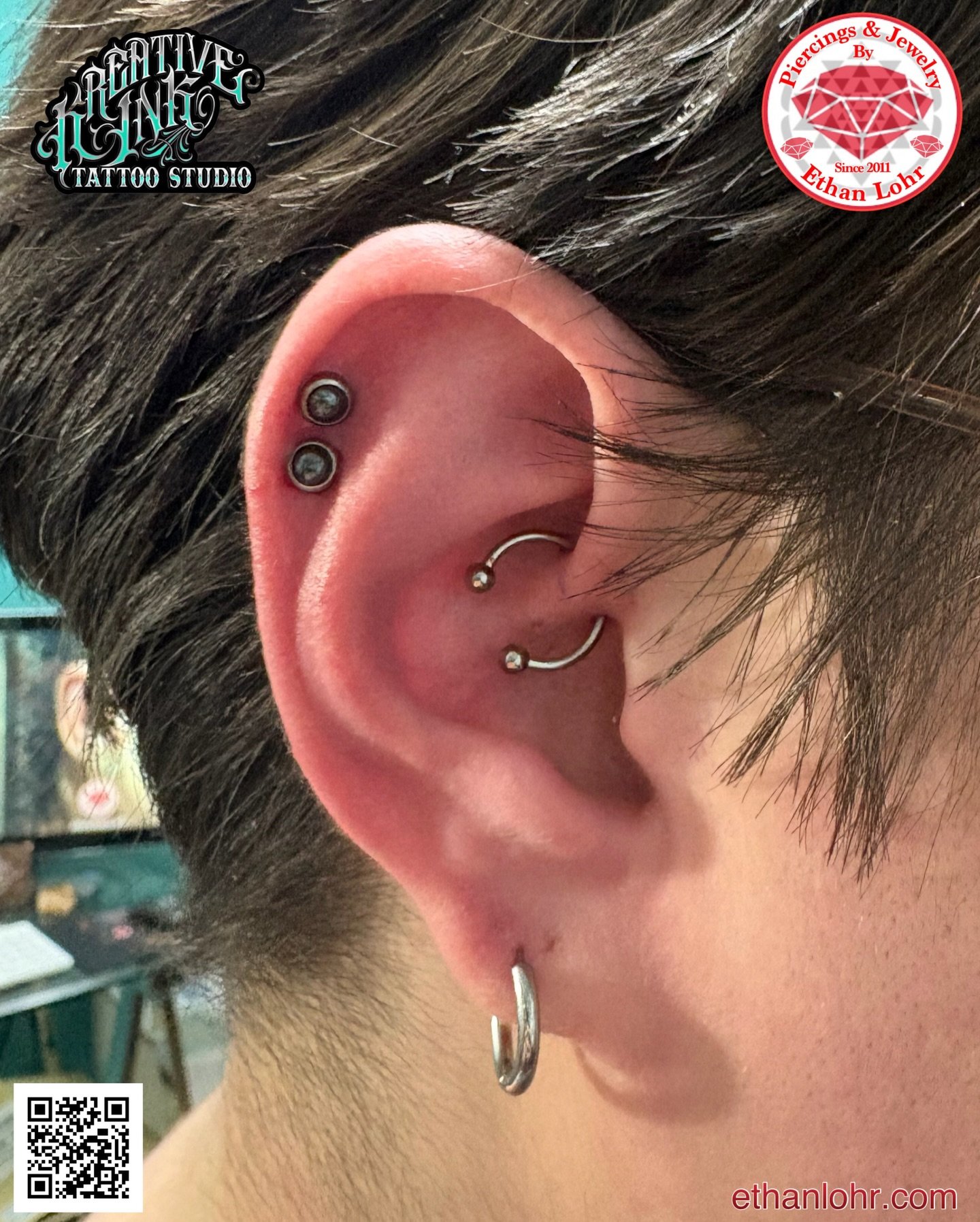 Double helix with hematite toppers and a daith piercing. 

For piercing info and booking please visit my website &mdash;> ethanlohr.com/faq