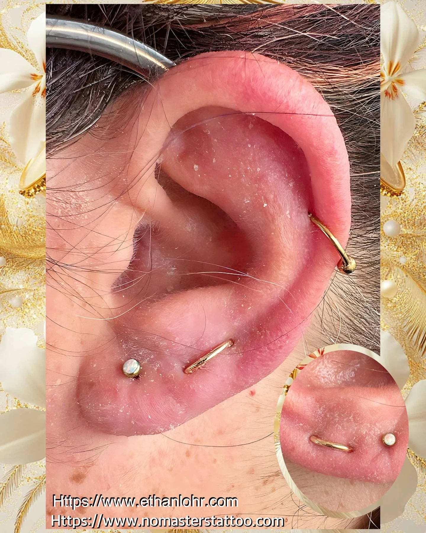 Got to install these gorgeous solid gold rings in these orbital lobes I pierced a while back. They were pierced with labret studs and we just changed them to the rings now that they are fully healed and matured. 
@nomasterstattoo.la