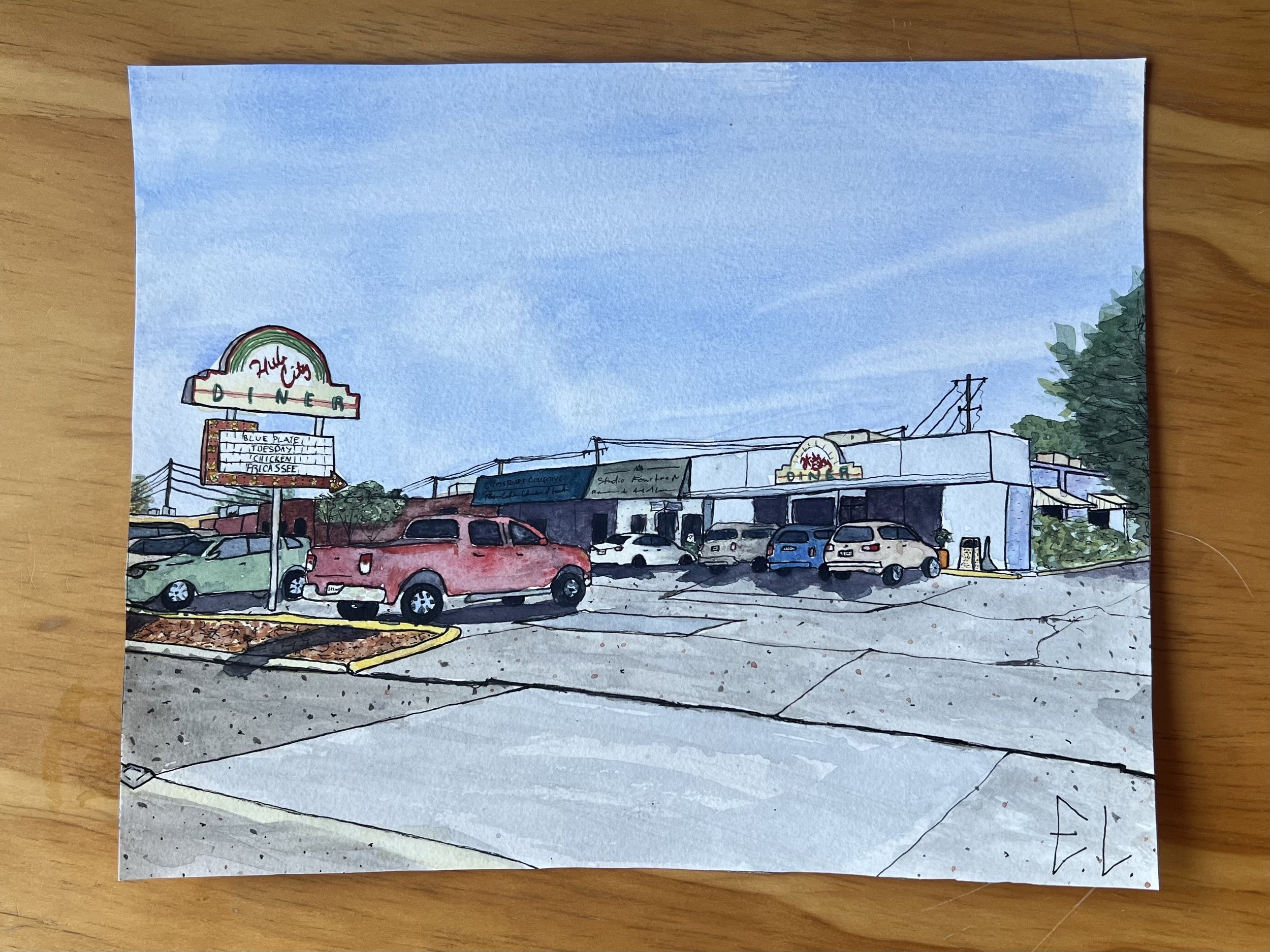 Hub City Diner Watercolor Painting
