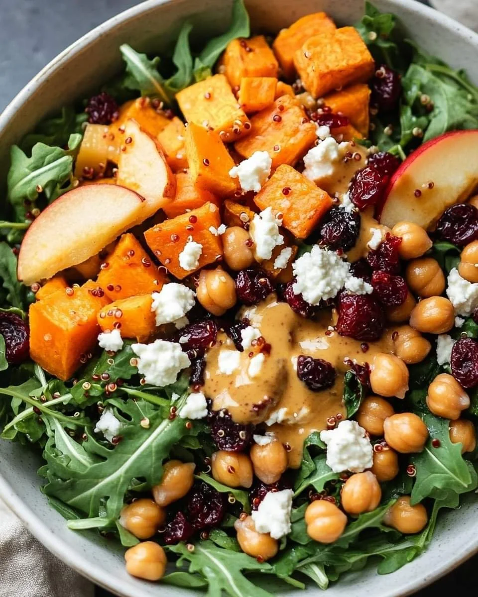 A bowl of salad containing arugula greens topped with roasted sweet potatoes, apple slices, chickpeas, dried cranberries, crumbled blue cheese, mustard seeds, and a drizzle of dressing.