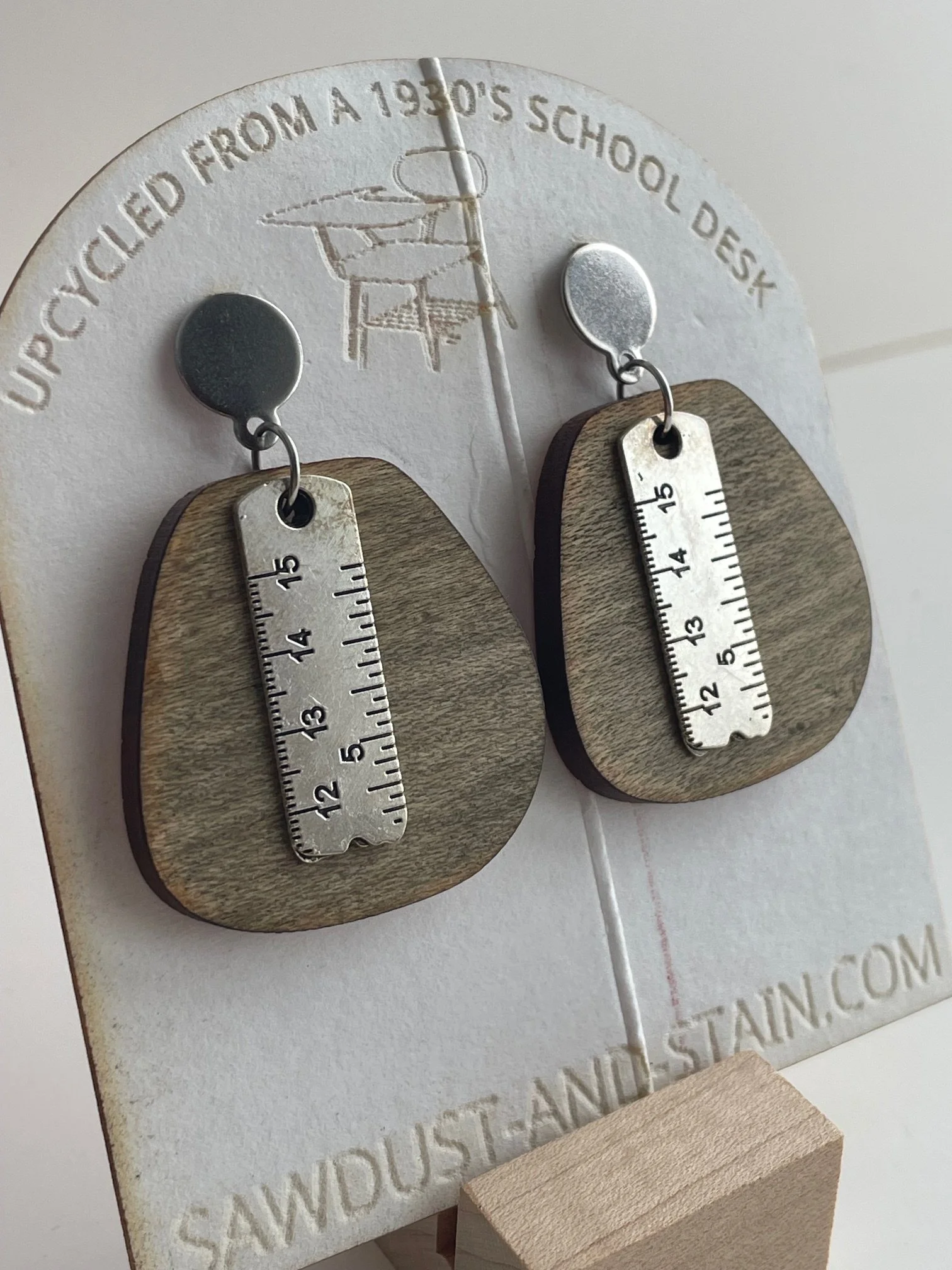 Reclaimed 1930's School Desk Earrings with Ruler Charm