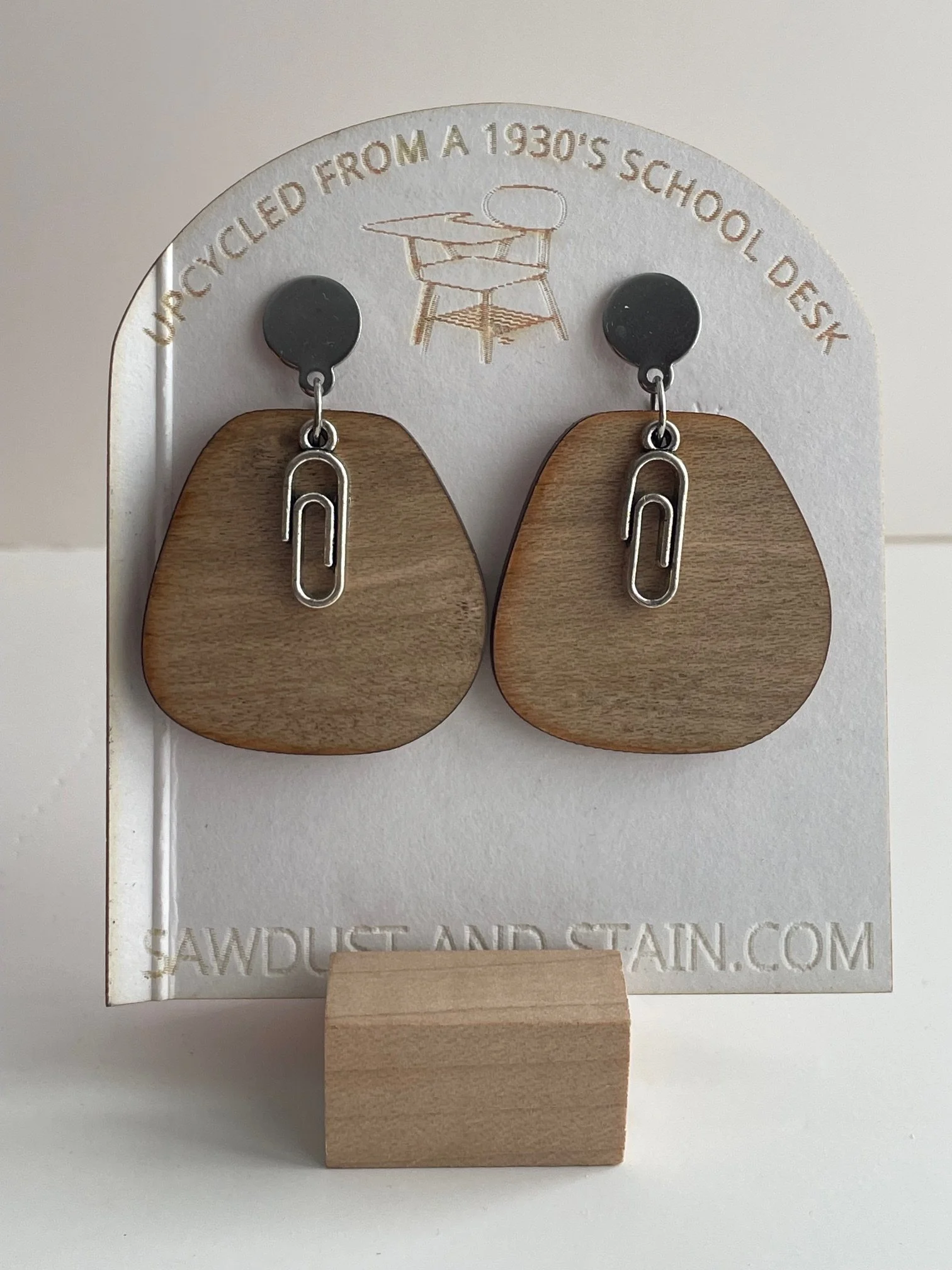 Reclaimed School Desk Earrings with Paperclip Charm