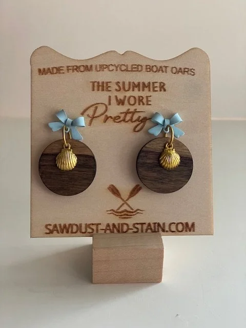 Circle Wood + Gold Shell Earrings - Upcycled Boat Oars