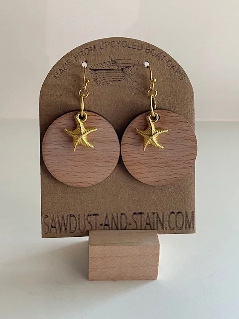Circle Wood + Gold Starfish Earrings - Upcycled Boat Oars