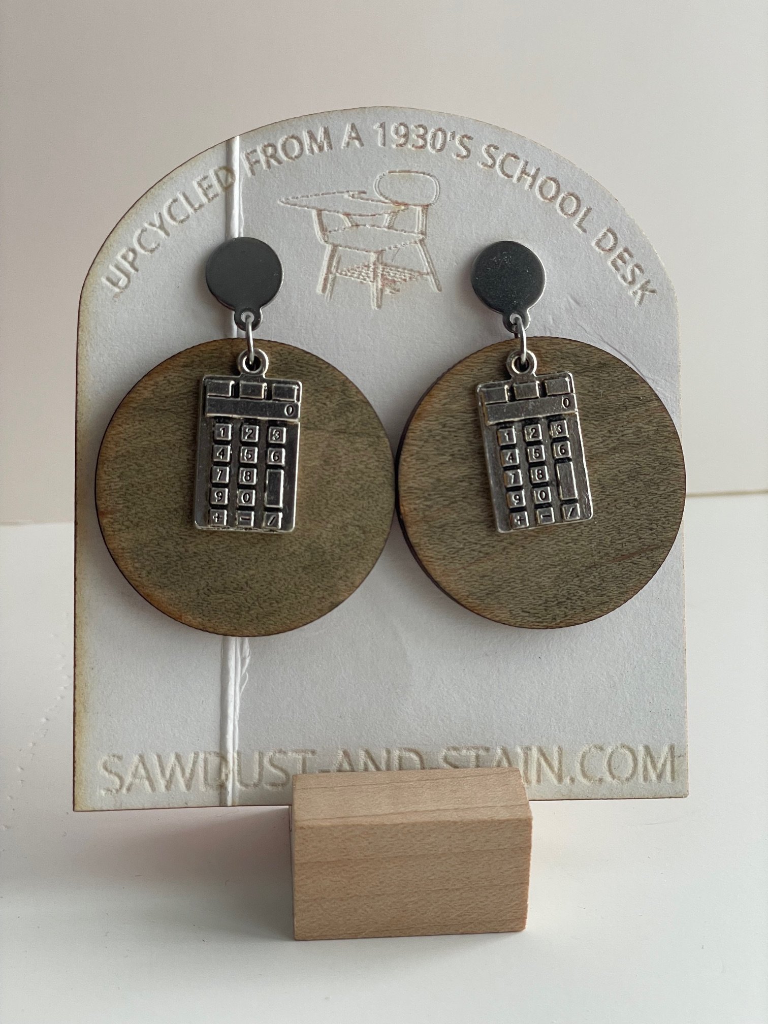 Circle Earrings with Calculator Charm | 1930 Reclaimed School Desk