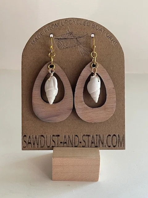 Oval Wood + Shell Earrings - Upcycled Boat Earrings