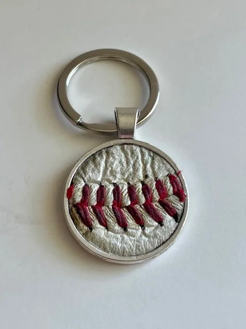 Real Baseball Leather Keychain- Silver Hardware