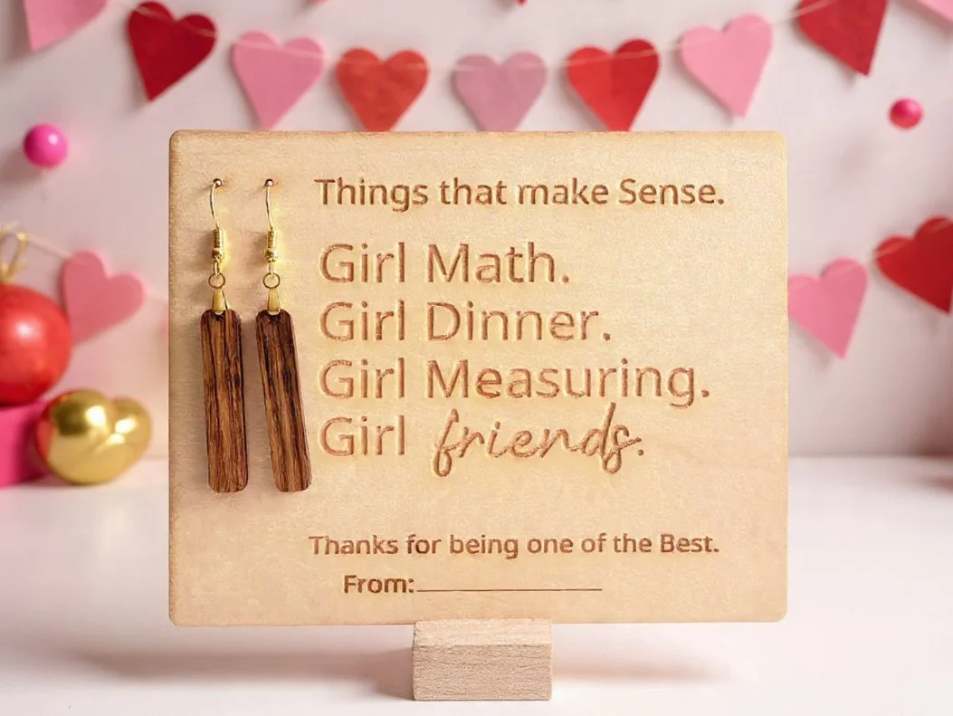 Galentine’s Day Bourbon Barrel Wood Earrings with Keepsake Card
