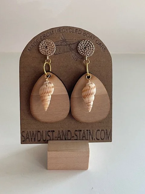 Oval Wood + Shell Earrings - Upcycled Boat Oars