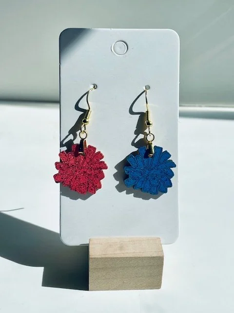 Red and Blue Pom Pom Earrings