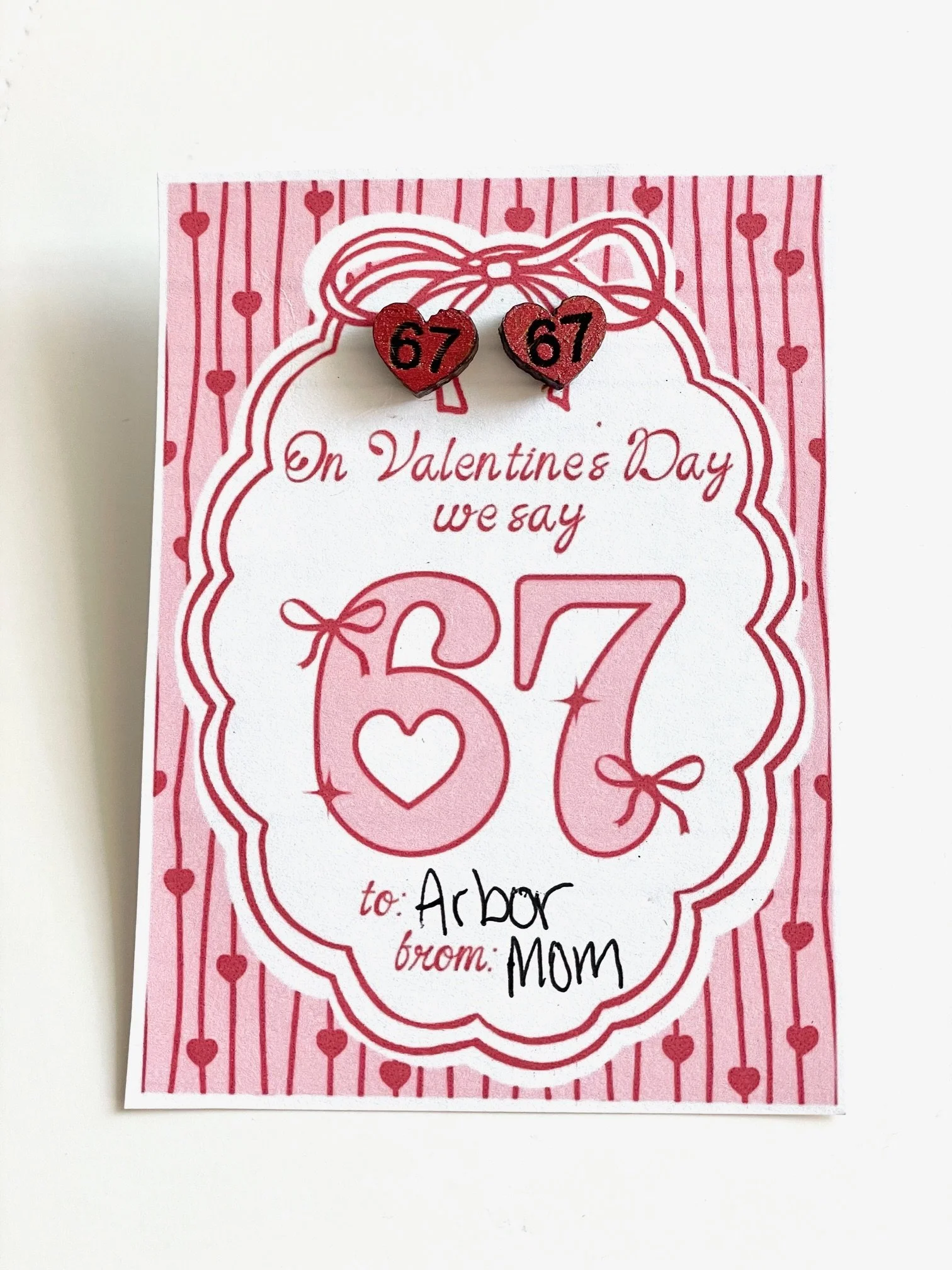 67 Card + Wood 67 Heart Stud Earrings