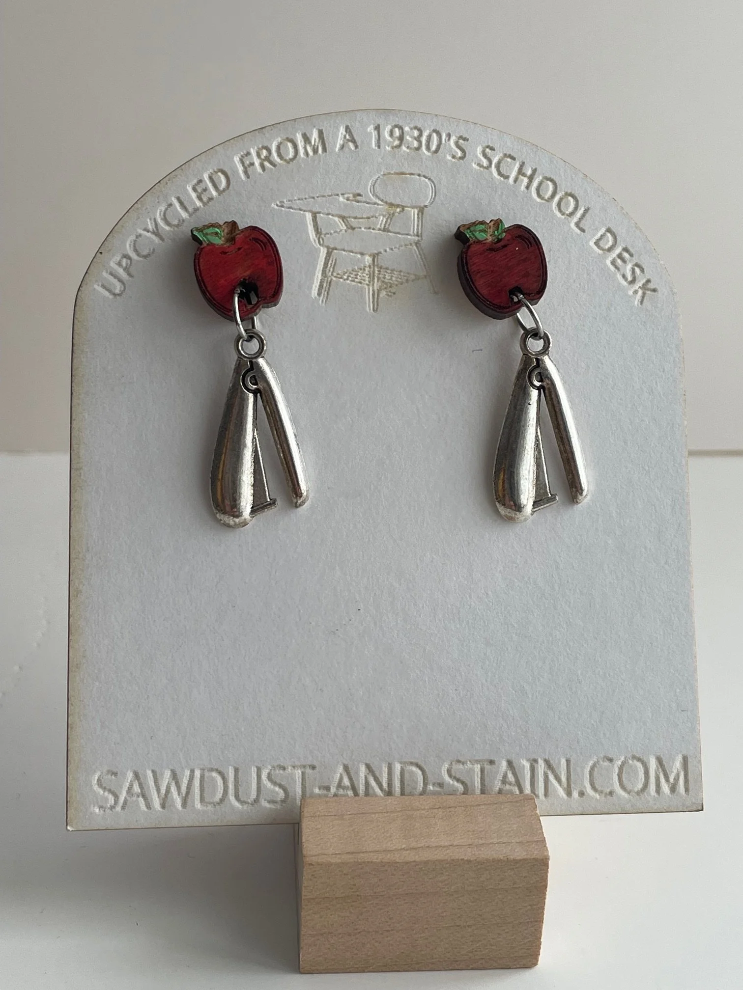 Apple Stud Earrings with Stapler dangle - Reclaimed School Desk Collection