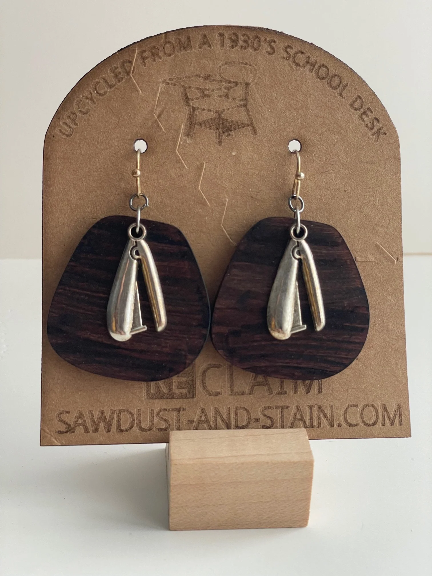 Wood Earrings with Stapler Charm | Reclaimed 1930 school desk Collection
