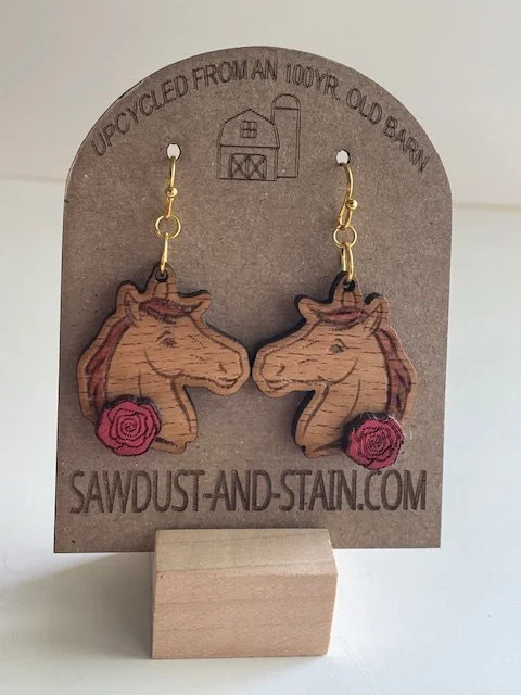 Kentucky Derby Horse Head & Rose Stud Earrings – Reclaimed Barn Wood