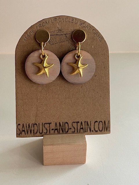 Circle Wood + Gold Starfish Earrings - Upcycled Boat Oars