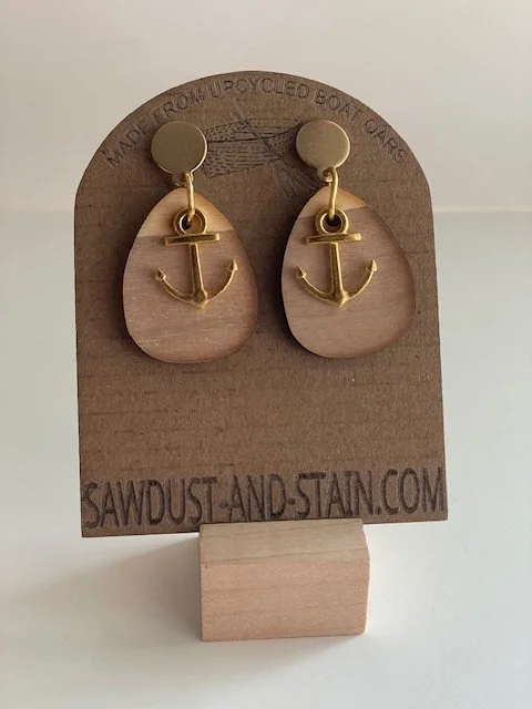 Oval Wood + Anchor Earrings - Upcycled Boat Oars