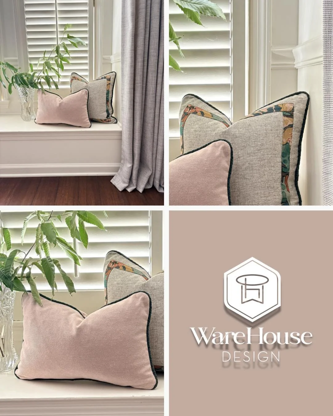 With only a few small strips of leftover fabric, we were able to add just the right touch of detail to this throw pillow.  And the blush lumbar pillow that came with a chair of the same color?  Well, it got a facelift too.  A little green trim detail