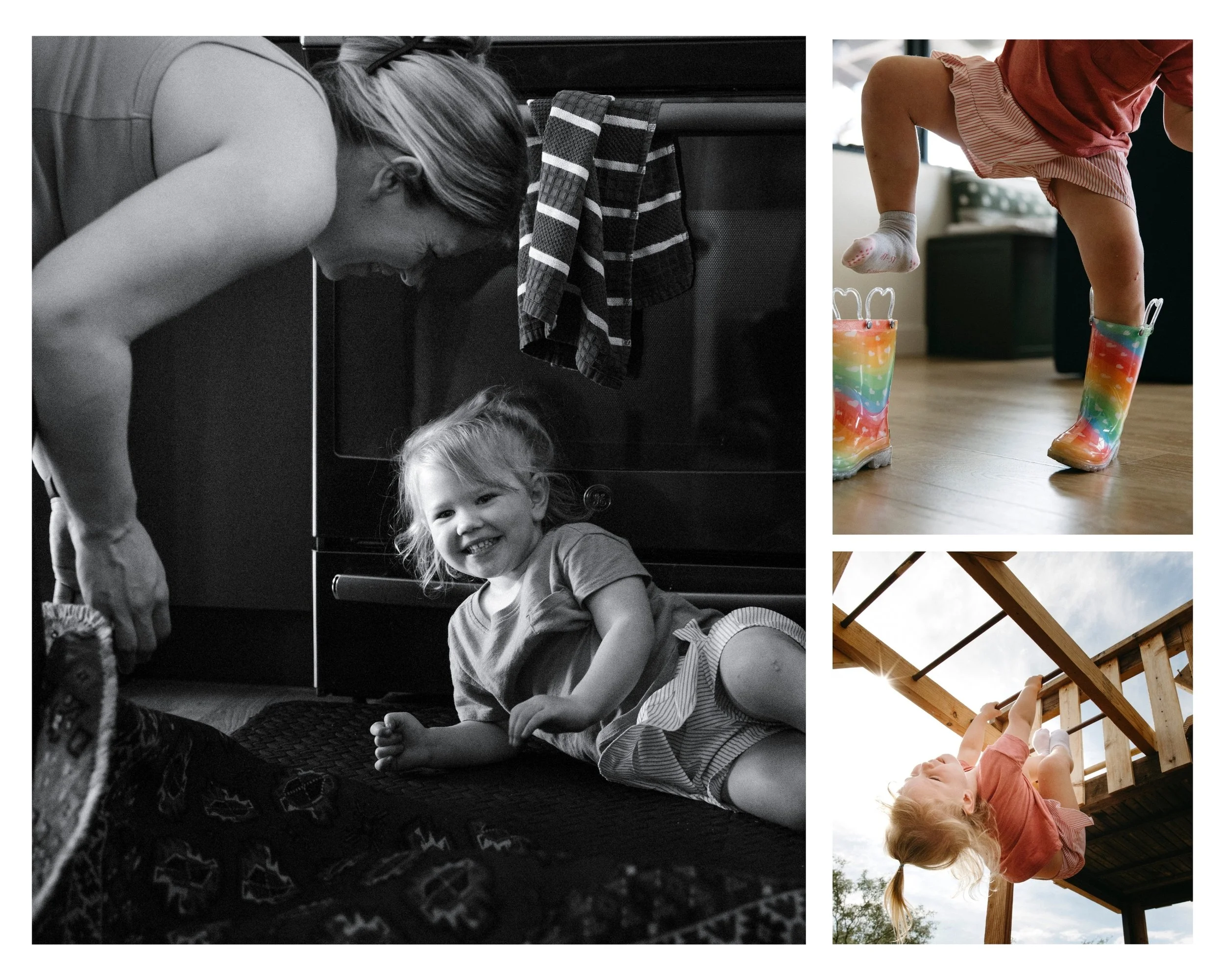 little girl plays at home with her parents during a family photography session in tucson