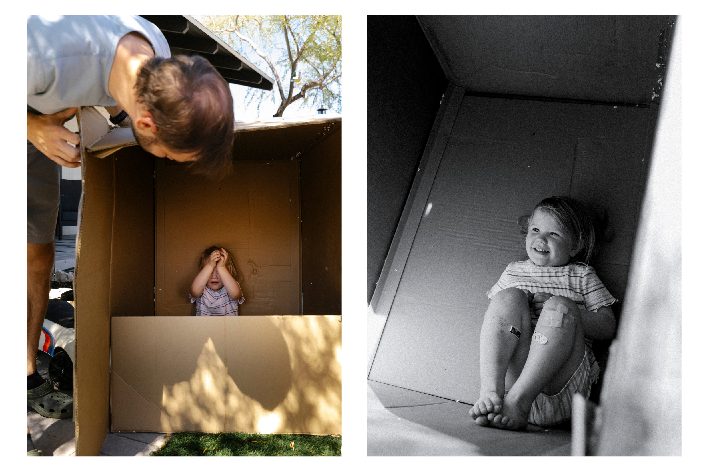 little girl plays in a cardboard box with her dad in-home family photos  tucson