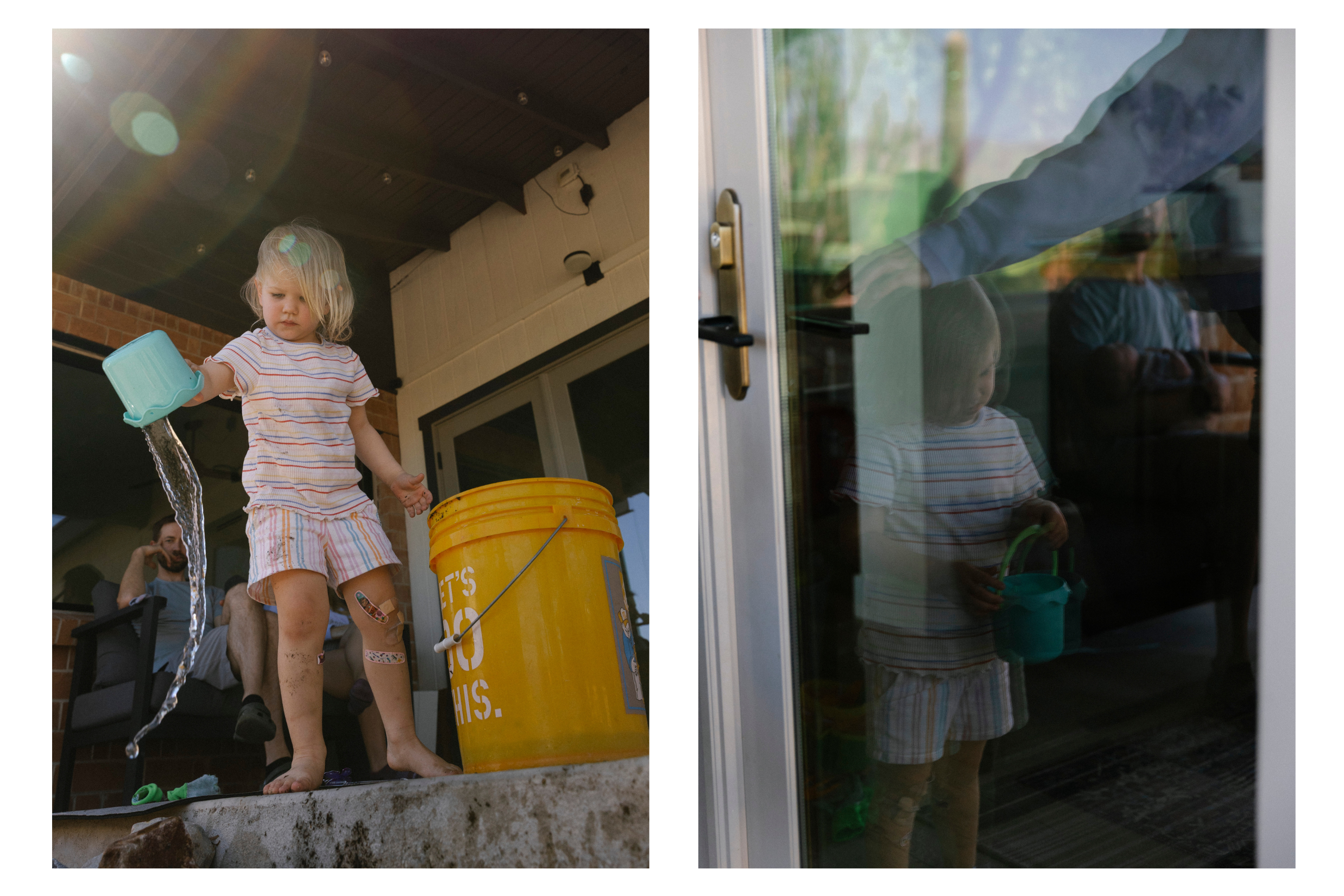 little girl plays in the water in the backyard and refills her bucket during a family photo session in tucson