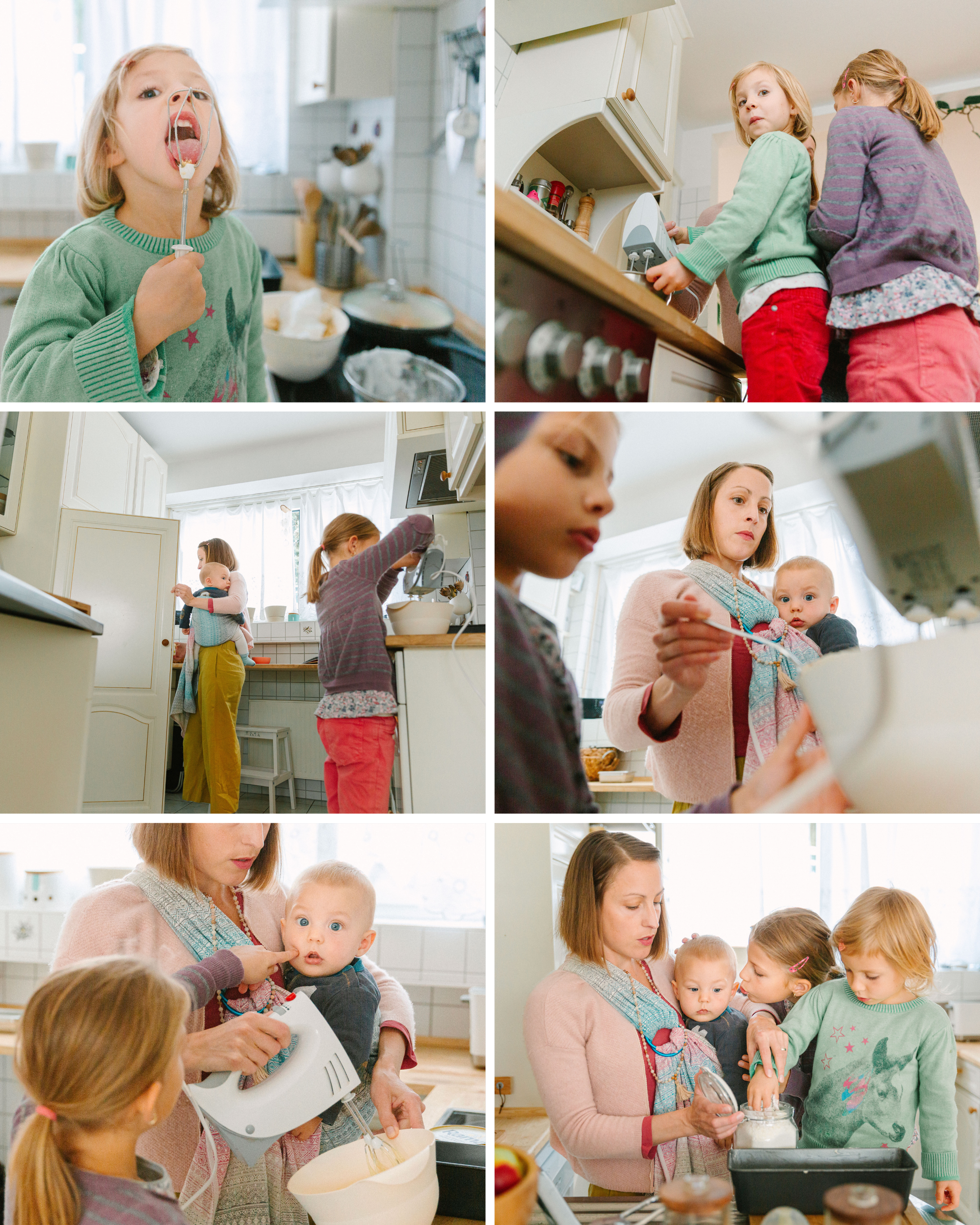 mom and kids bake together in the kitchen during a photo session in Tucson
