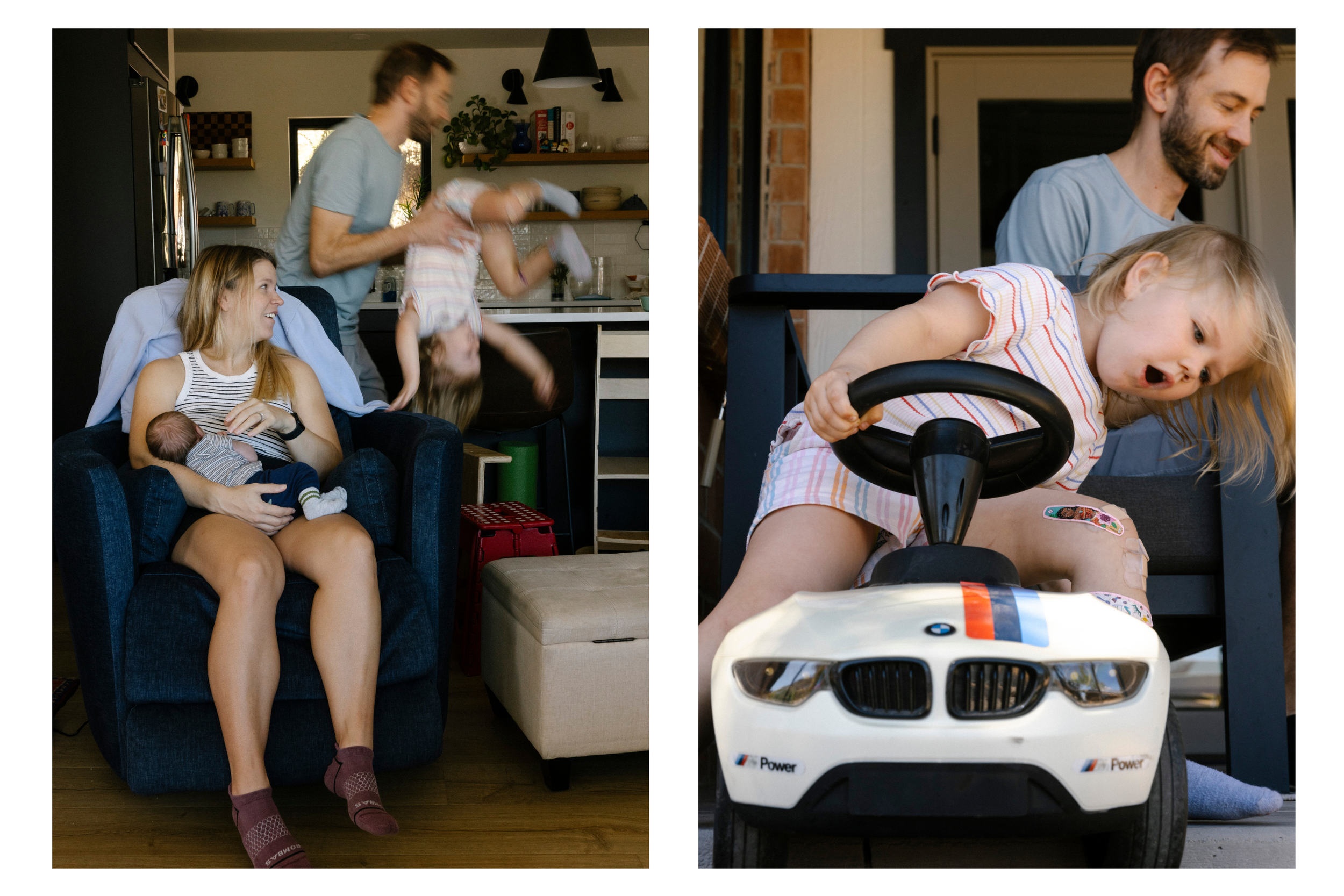 toddler plays rowdy with her dad and on her car outside during a documentary family photography session in tucson