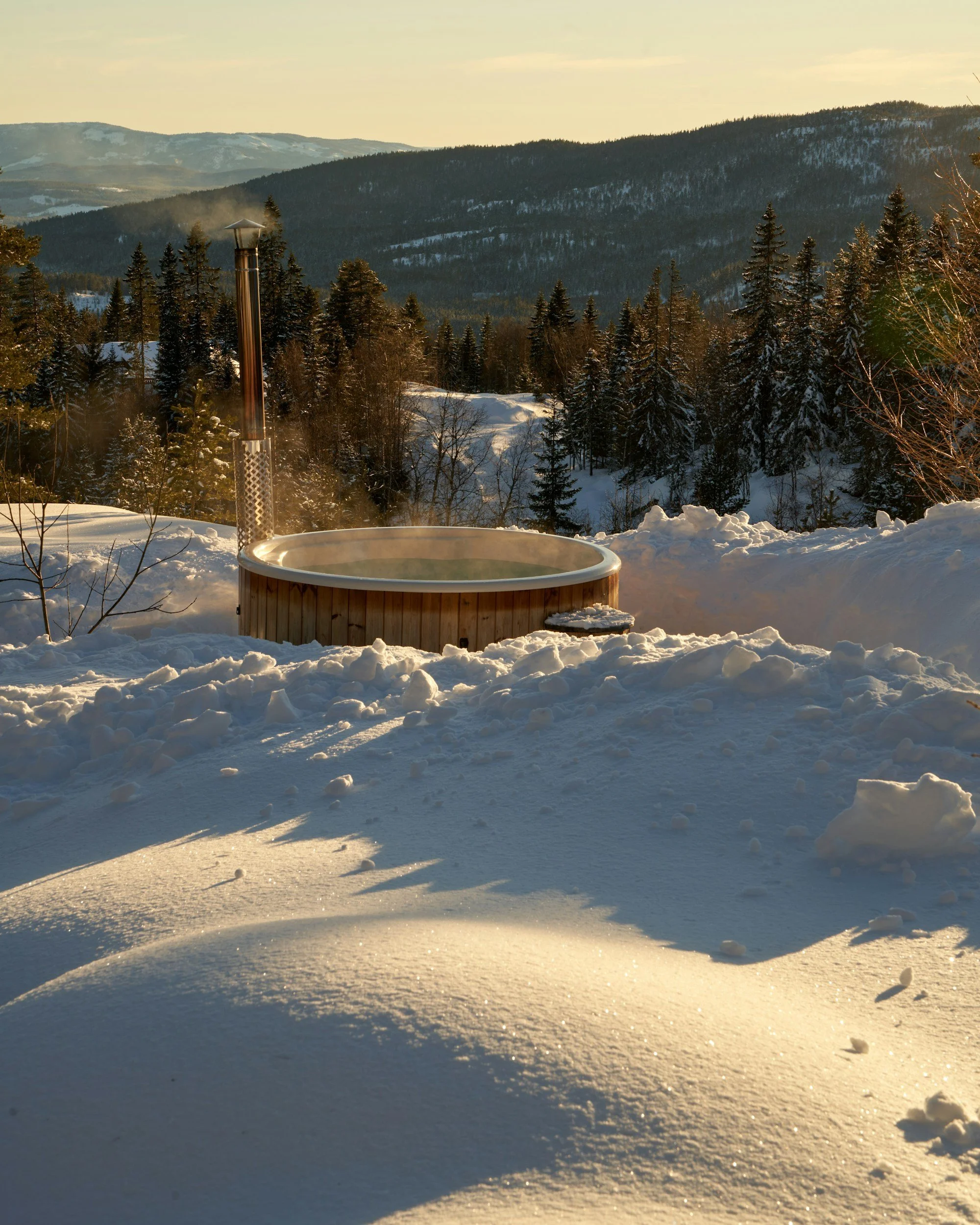 An outdoor hot tub surrounded by snow, with a backdrop of snow-covered mountains and pine trees during sunset.