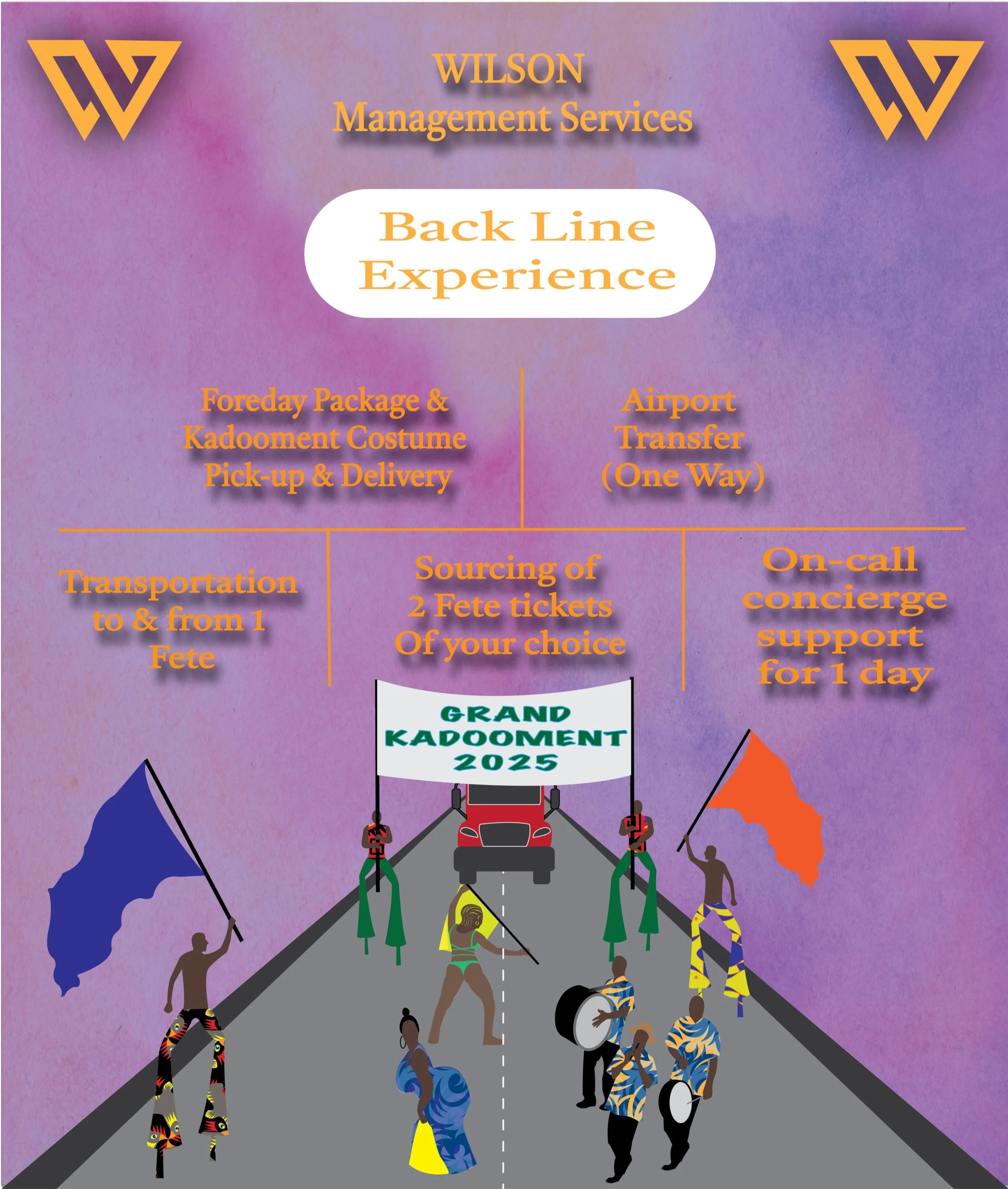 A vibrant poster promotes Wilson Management Services' Back Line Experience event with a purple background, featuring stylized silhouettes of people marching with flags on a road, and text highlighting various services like package pickup, airport transfer, transportation, concierge support, and ticket sourcing.