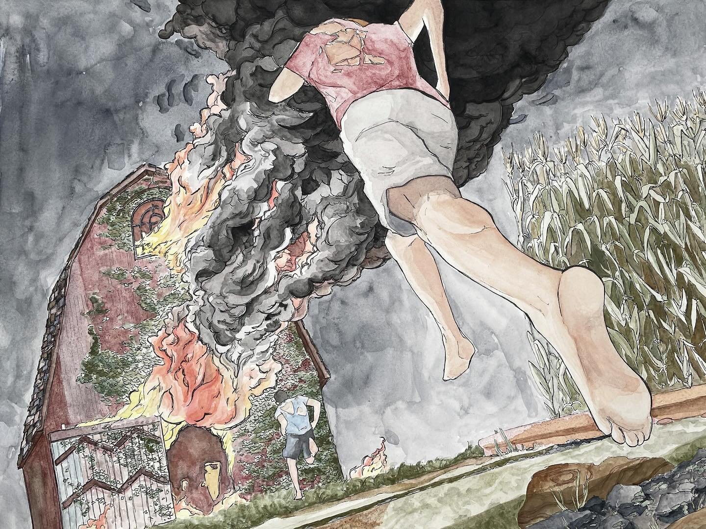 The supply chain has failed, and a midwestern family farms and scavenges to survive. They attempt to return to normalcy by processing ethanol and experiencing the elation of driving again. 

Here&rsquo;s a short excerpt of the barn fire: 

Under the 