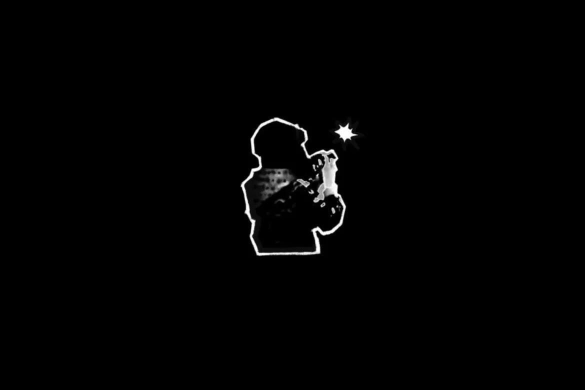 Silhouette of a person taking a photo with a camera in black and white against a black background, with a small bright star near the camera.