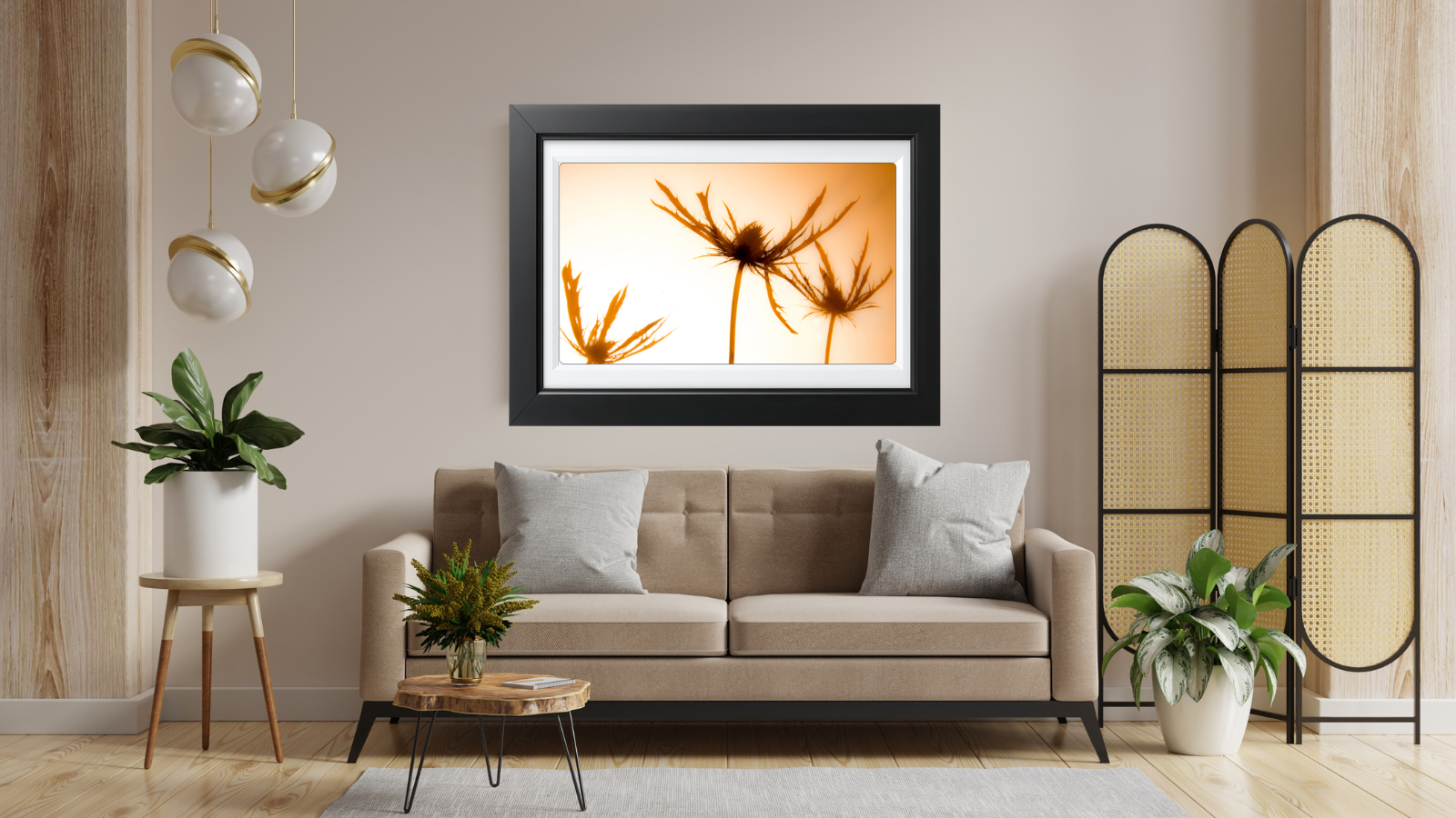 Livingroom setting with picture of flowers silhouette