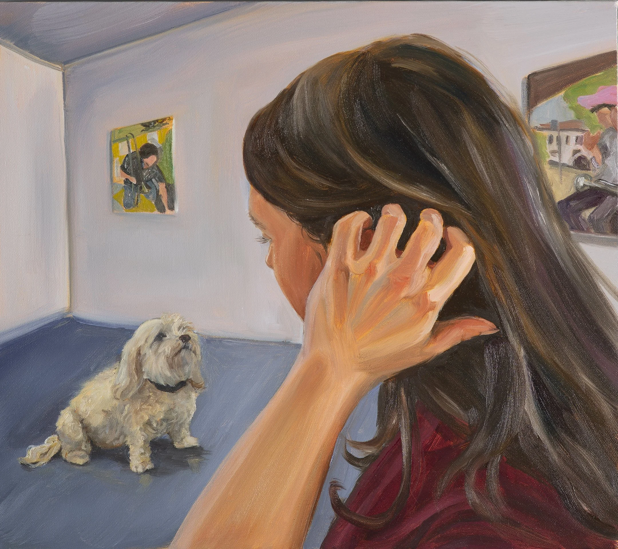Therapy Dog Sitting, 2026. Oil on canvas. 16 x 18 inches.