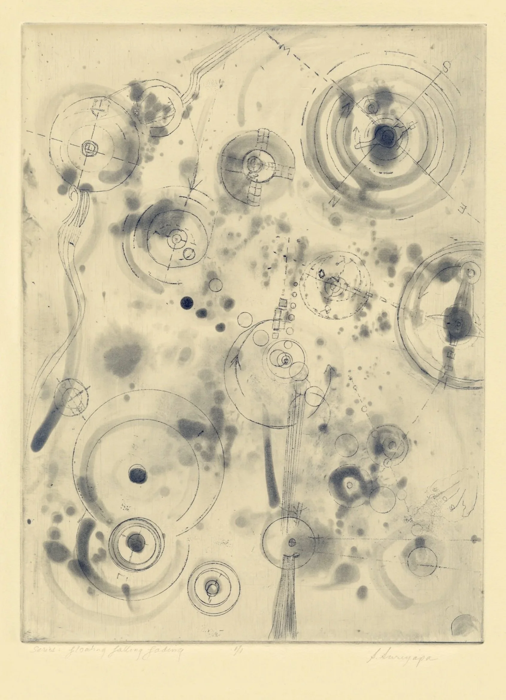 Floating, Falling, Fading II
Soft-ground and spit bite etching, 15" x 22.5 H", 2024