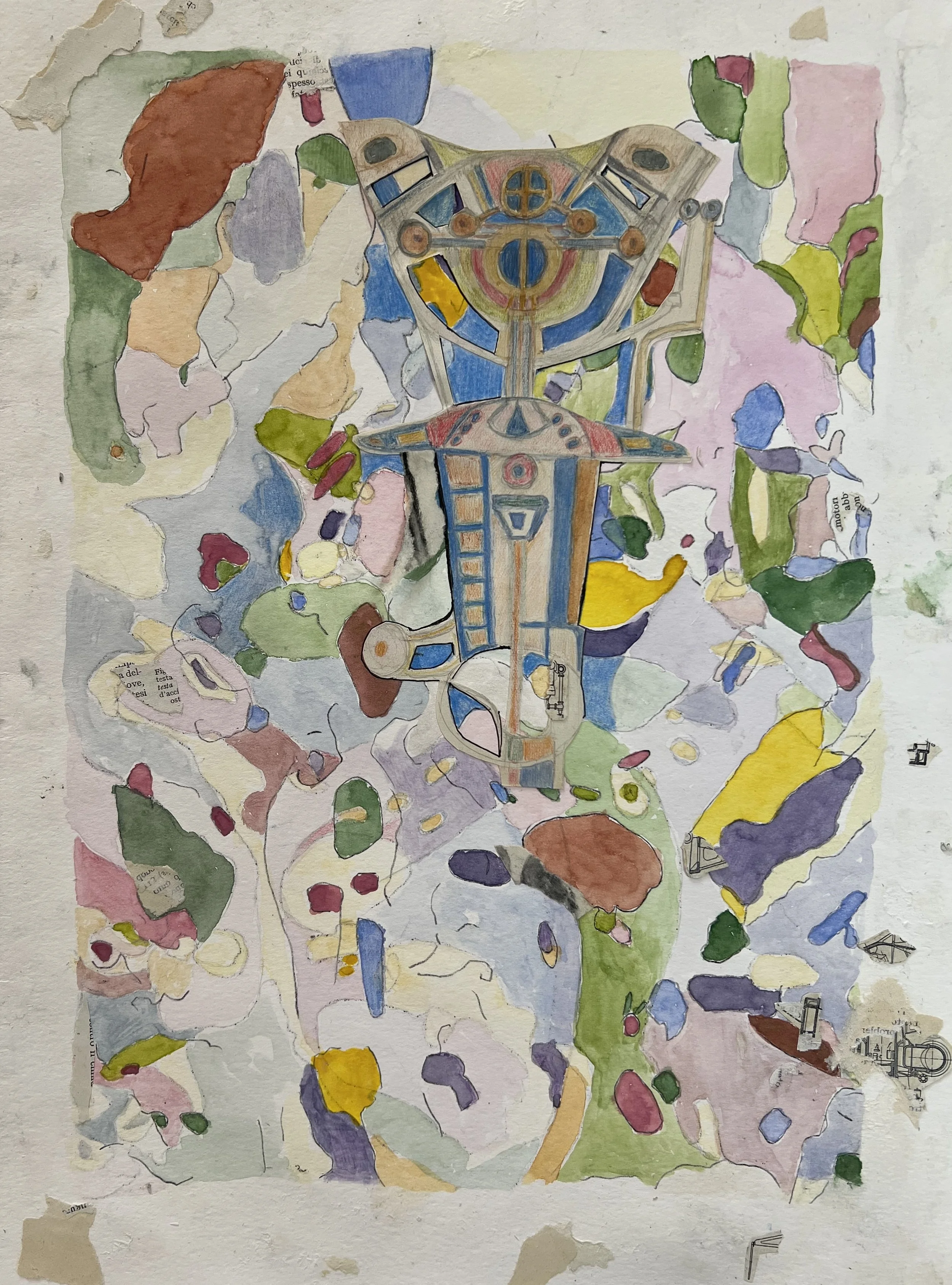 Mechanical Maze
Collage, Watercolour, Carbon Transfer
11x15" H, 2026
