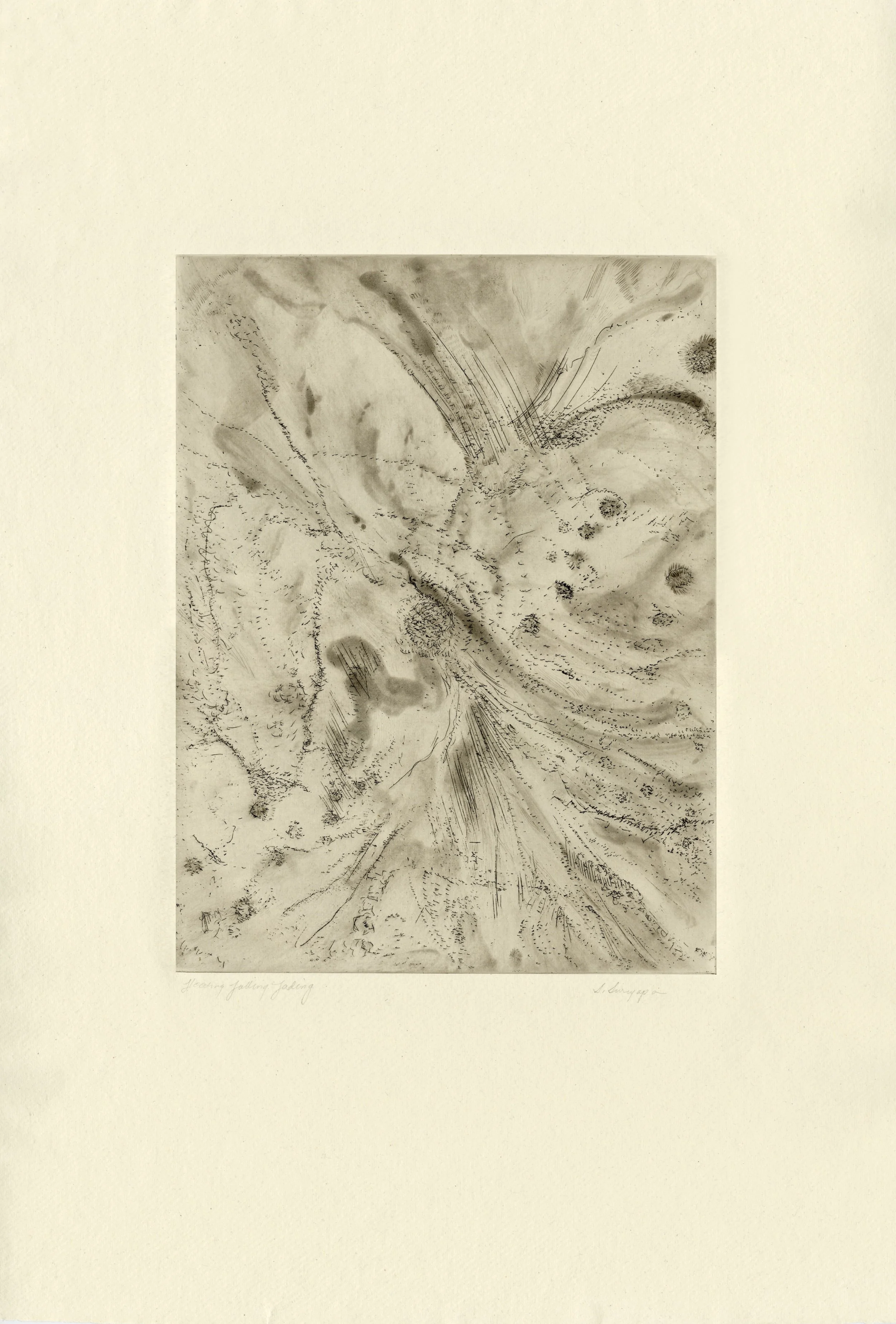 Floating, Falling, Fading IV
Soft-ground, spit bite etching, 15" x 22.25" H, 2024