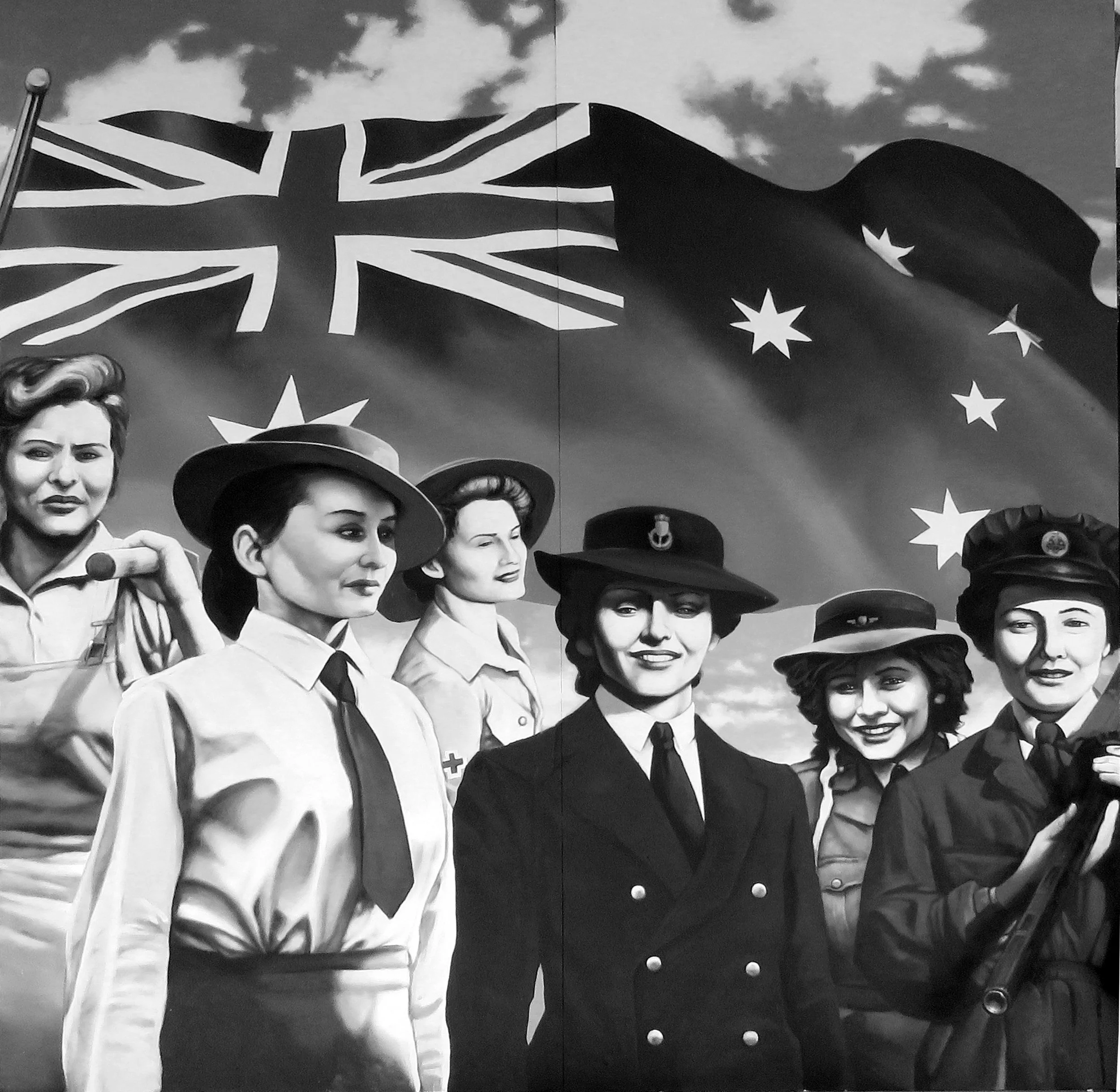 Women at war scene, painted on boards and placed at Hillcrest, to the south of Brisbane.
As a part of a RSL memorial.