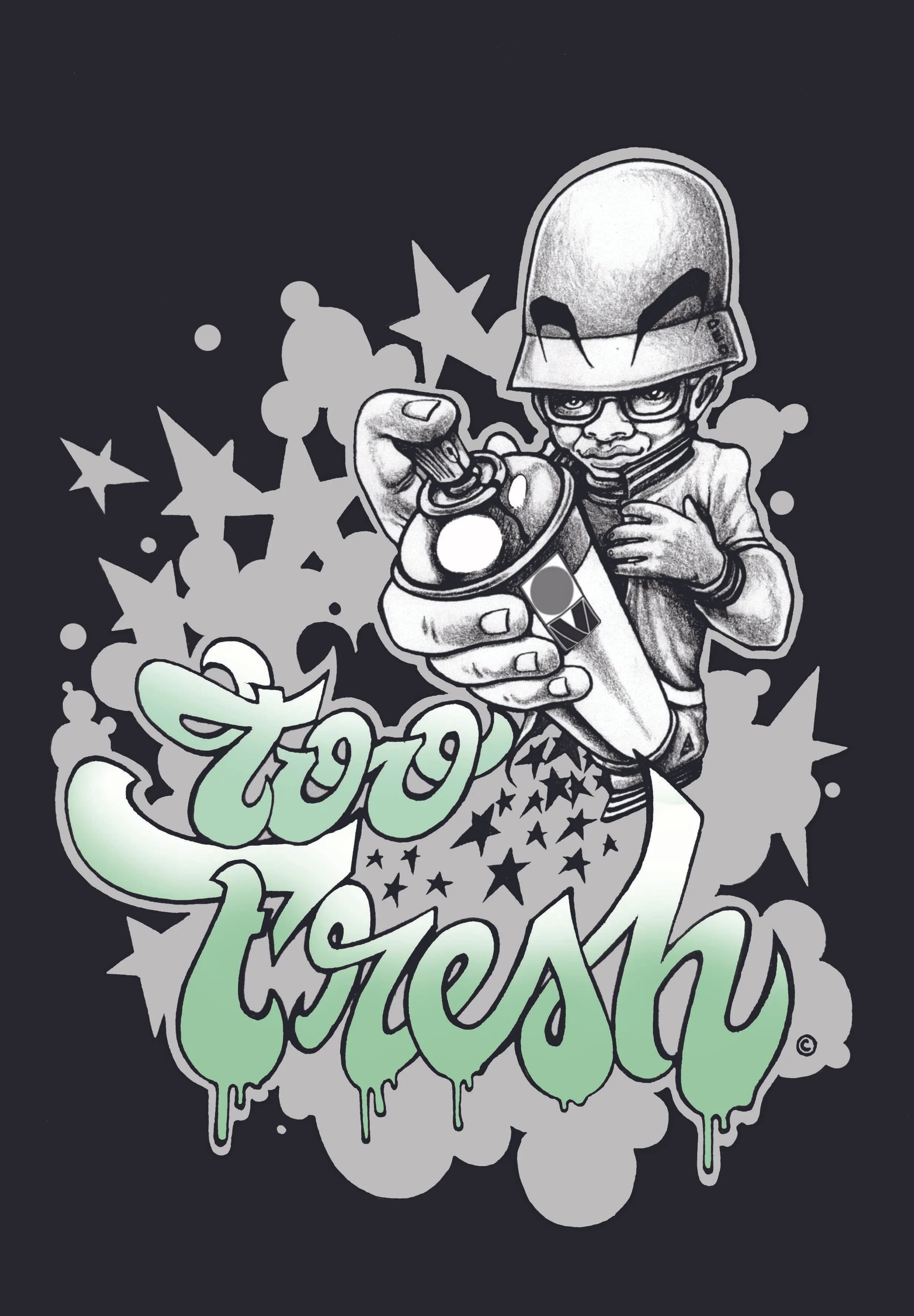 One of several T-shirt designs for a brand called "Too Fresh". 2023.
