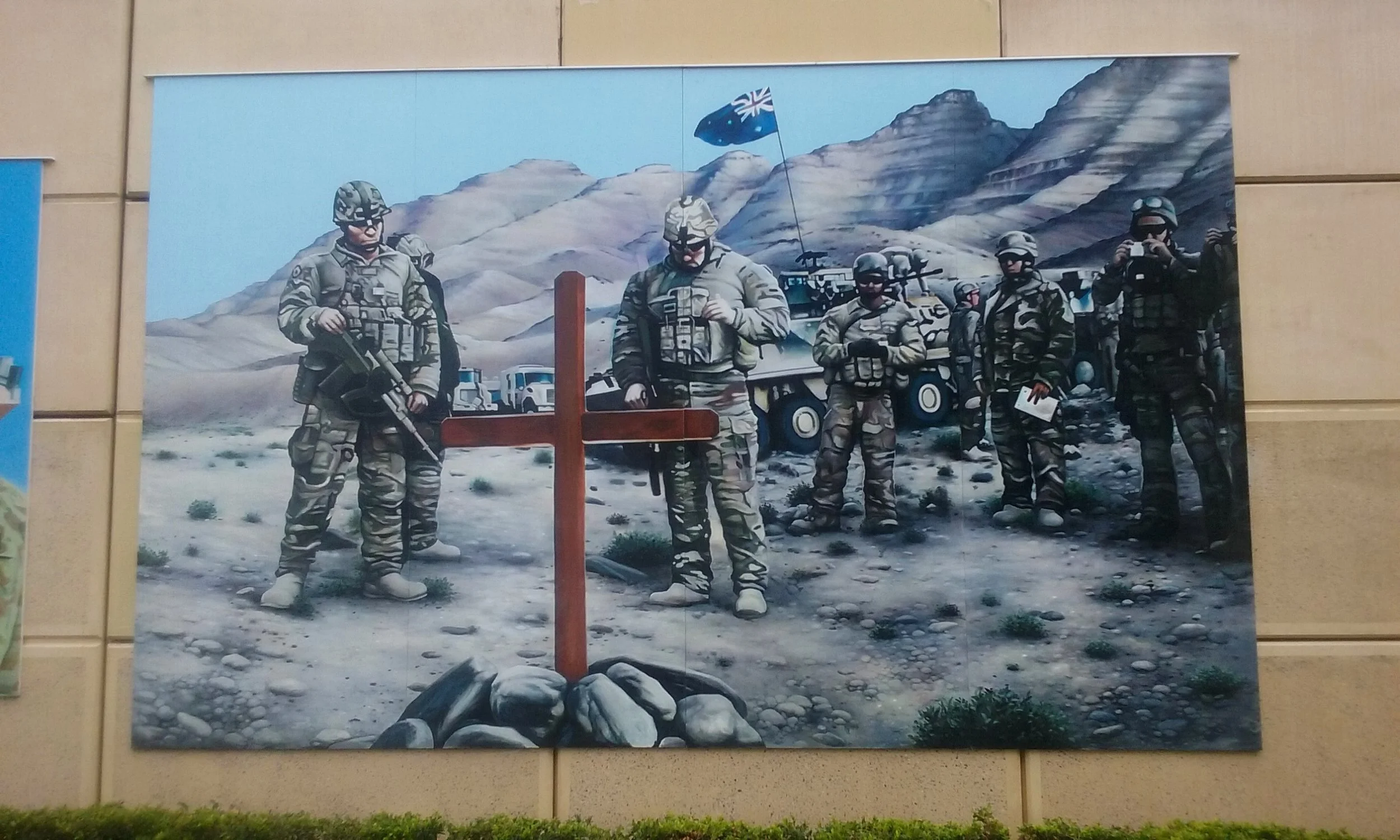 Afghanistan ANZAC scene.Painted on boards and placed at Hillcrest, to the south of Brisbane. As a part of a RSL memorial.